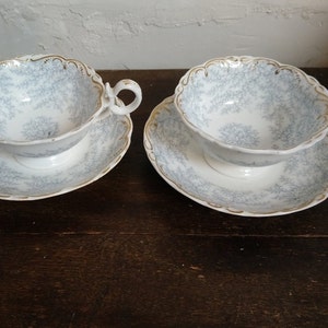ANTIQUE Coalport China Tea CUPS and SAUCERS Rococo 1840s Moss Pattern Blue White