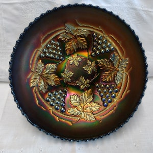 Vintage Fenton Carnival Glass Bowl Grape Vine Pattern Footed Blue 1930s
