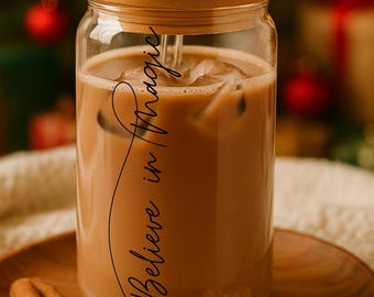 Trinkglas mit Bambusdeckel und Glas-Trinkhalm, Eiskaffee, Geschenk für Frau Iced Coffee, Navidad, Regalo, Mujeres