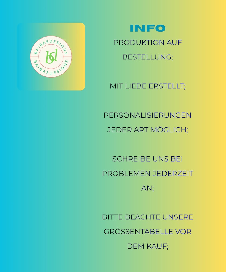 Puede incluir: Fondo degradado azul y amarillo con texto en alem&aacute;n. El texto incluye "INFO", "PRODUKTION AUF BESTELLUNG", "MIT LIEBE ERSTELLT", "PERSONALISIERUNGEN JEDER ART M&Ouml;GLICH", "SCHREIBE UNS BEI PROBLEMEN JEDERZEIT AN" y "BITTE BEACHTE UNSERE GR&Ouml;SSENTABELLE VOR DEM KAUF".