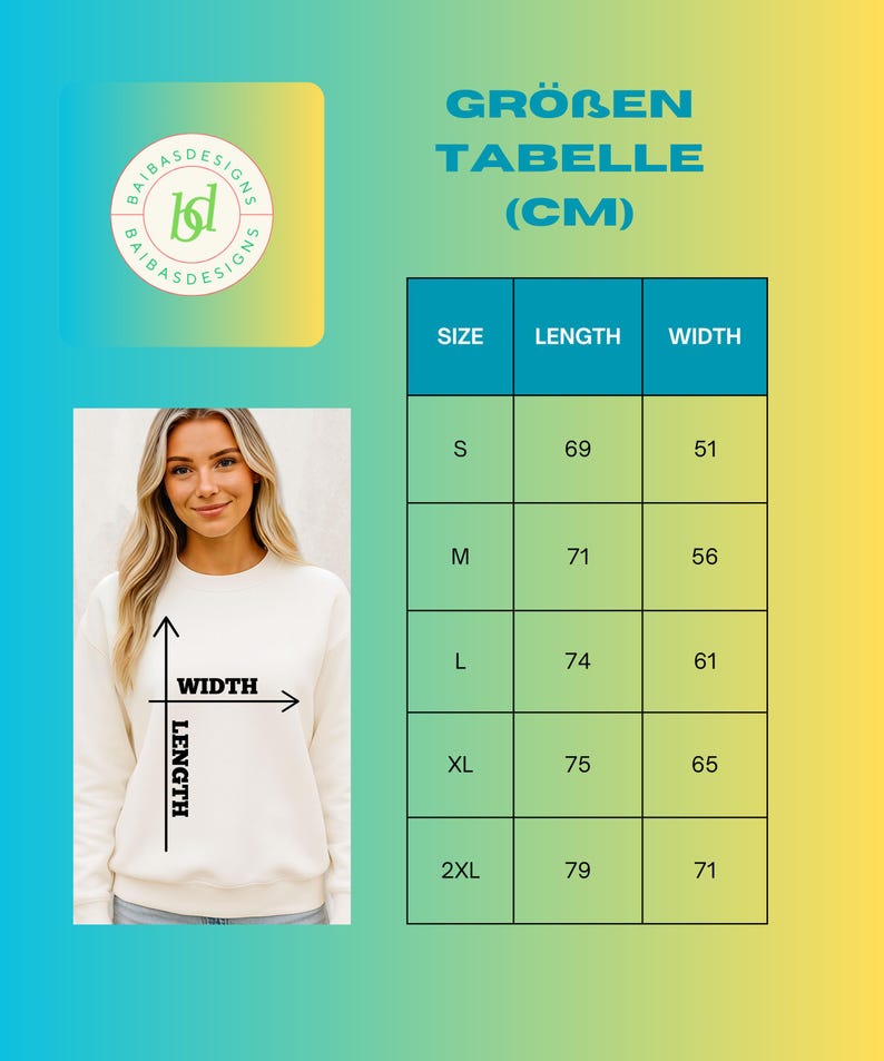 Puede incluir: Una mujer lleva una sudadera crema. La imagen incluye una tabla de tallas en cent&iacute;metros, con medidas de largo y ancho. La tabla enumera las tallas S, M, L, XL y 2XL. El logotipo de la marca est&aacute; en la esquina superior izquierda.