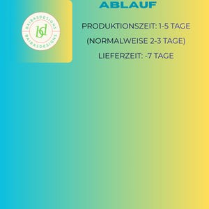 Puede incluir: Fondo degradado azul y amarillo con texto. El texto incluye "ABLAUF", "PRODUKTIONSZEIT: 1-5 TAGE", "(NORMALWEISE 2-3 TAGE)" y "LIEFERZEIT: -7 TAGE". Un logotipo circular con el texto "BAIBASDESIGNS" y una "b" estilizada est&aacute; en la esquina superior izquierda.