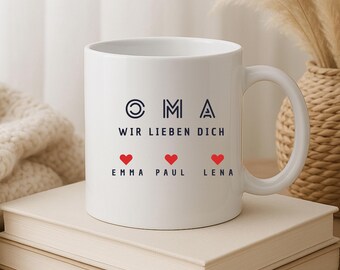 Personalisierte Oma Tasse mit Enkel Namen – Wir lieben dich Oma – Geschenk von Enkeln – Herzen für Enkelkinder – Muttertag Geschenk
