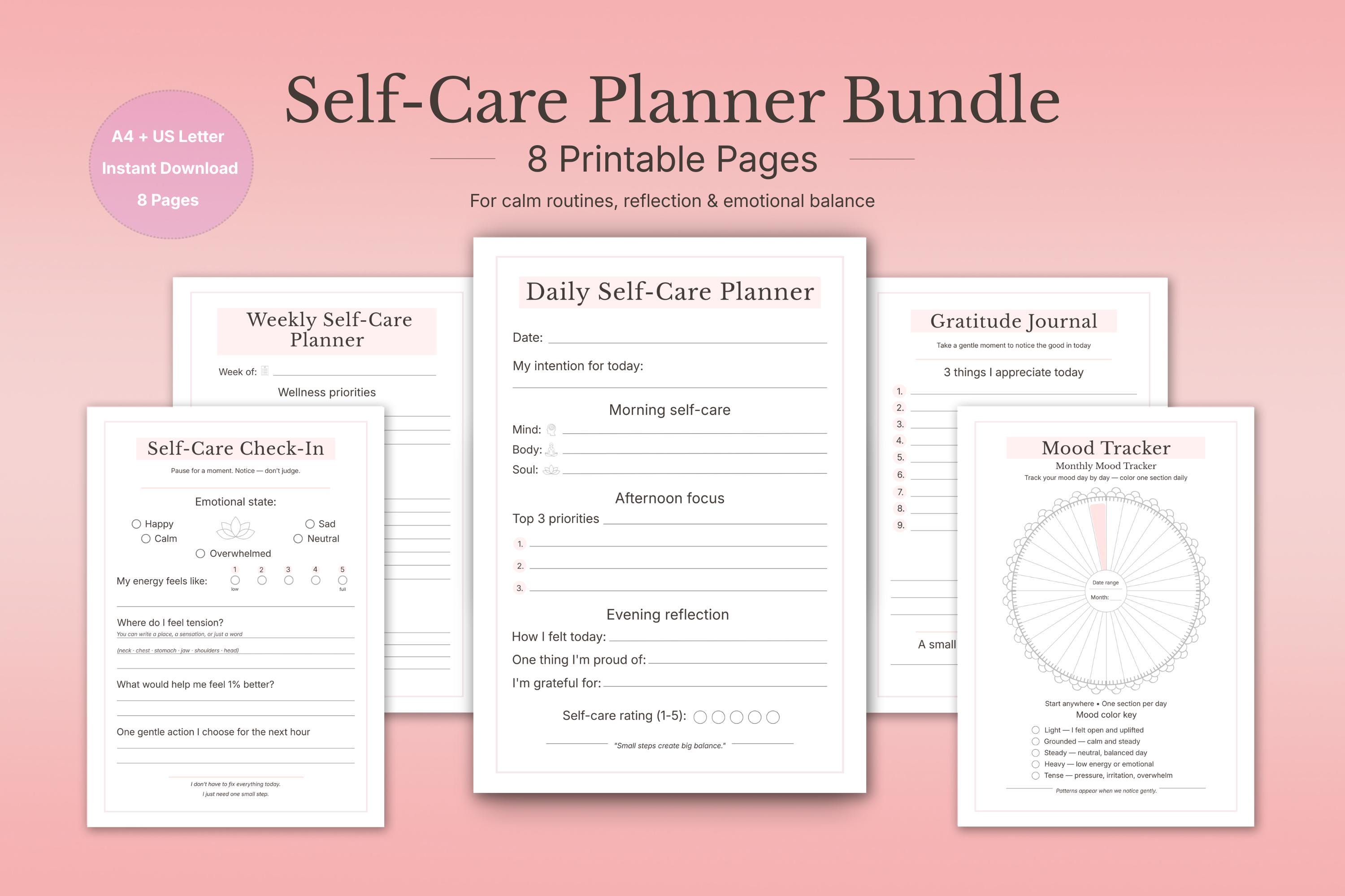 Self Care Planner Printable PDF | Mood & Habit Tracker, Gratitude ...