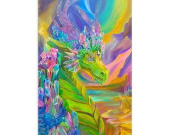 Crystal Cave Dragon Postcard, Colorful Fantasy Art Card, Dragon Lover Gift