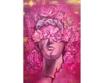 Standard Postcard Blooming Silence Art Card, Pink Marble Floral Postcard, Fantasy Mythology Gift
