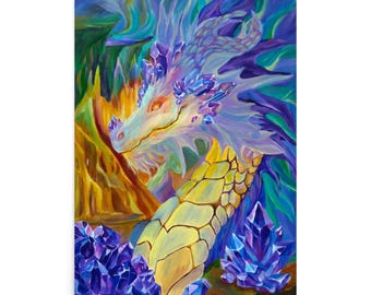 Golden Dragon Art Print, Crystal Fantasy Poster, Mythical Dragon Lover Gift