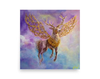 In the Interval Art Print, Golden Stag Fantasy Poster, Mythical Deer Gift