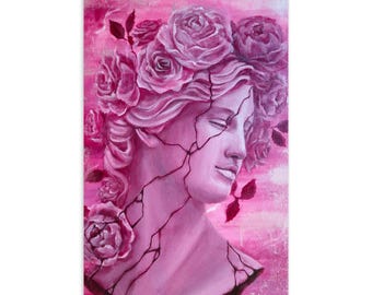 Standard Postcard Awakening Art Card, Pink Marble Rose Postcard, Fantasy Floral Gift