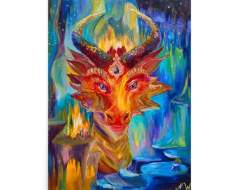 Fire Dragon Art Print, Red Dragon Fantasy Poster, Mythical Dragon Lover Gift