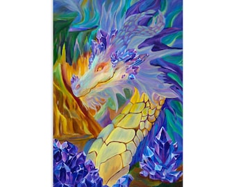 Golden Dragon Postcard, Colorful Fantasy Art Card, Dragon Lover Gift
