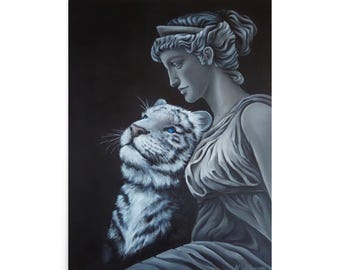 Artemis White Tiger Art Print, Moon Goddess Fantasy Poster, Greek Mythology Gift