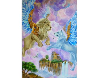 Lions of Light Postcard, Fantasy Lion Art Card, Mythical Animal Gift