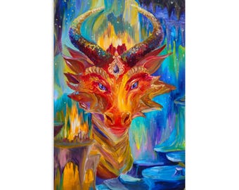 Fire Dragon Postcard, Colorful Fantasy Art Card, Dragon Lover Gift