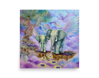 By the Footsteps of the Ancients Art Print, Fantasy Elephant Poster, Mother Child Gift