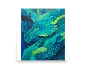 Poster Dragon of the Aurora Art Print, Teal Fantasy Dragon Poster, Mythical Dragon Lover Gift