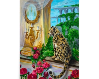 Leopard Guardian Golden Palace Art Print, Elegant Animal Poster, Luxury Nature Gift