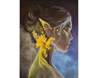 Whisper of Eternity Art Print, Woman Dragon Fantasy Poster, Celestial Gift