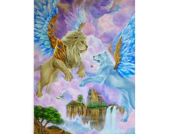 Lions of Light Art Print, Winged Lion Fantasy Poster, Mythical Animal Gift