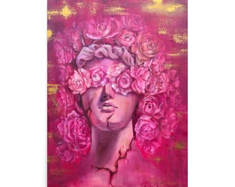 Blooming Silence Art Print, Marble Floral Fantasy Poster, Pink Gold Wall Decor Gift