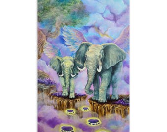 By the Footsteps of the Ancients Postcard, Fantasy Elephant Art Card, Mother Child Gift