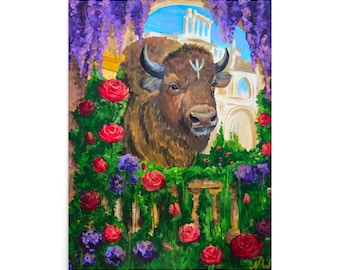 Fantasy Bison Art Print, Colorful Floral Animal Poster, Whimsical Nature Gift