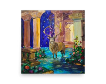 Stag of the Luminous Garden Art Print, Fantasy Deer Poster, Magical Nature Gift