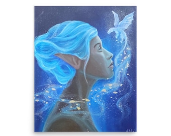 Breath of Other Worlds Art Print, Blue Elf Fantasy Poster, Magical Girl Gift