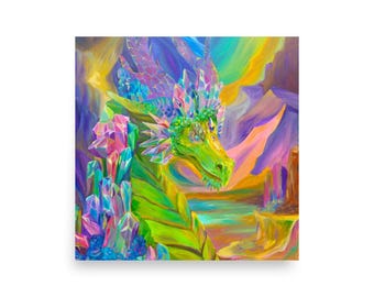 Crystal Cave Dragon Art Print, Colorful Fantasy Poster, Dragon Lover Gift