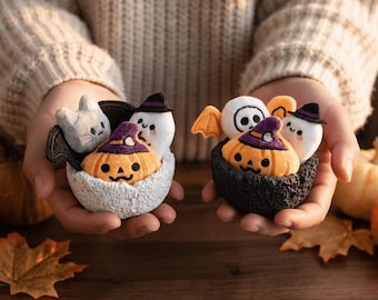 Halloween Mystery Spirit Bowl, Volcanic Texture Concrete Bowl with 3 Random Plush Characters