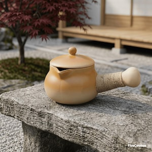 May include: A light tan ceramic teapot with a rounded body and a matching lid featuring a small knob. The side handle is wrapped in natural fiber twine and ends in a smooth, rounded ceramic grip. The surface has a subtle gradient finish.