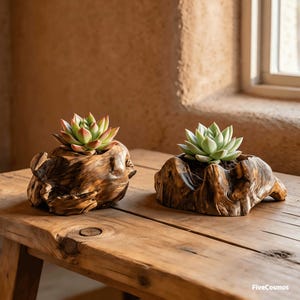 Op de afbeelding: Twee plantenbakken van natuurlijke houtwortels met gepolijste, organische vormen met groene vetplanten. De linkerbak bevat een vetplant met roze uiteinden, de rechter een lichtgroene vetplant. De tekst FiveCosmos staat in de hoek.