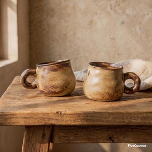 May include: Two handmade ceramic mugs with a rounded, organic shape and a thick, circular handle. The mugs feature a mottled, earthy beige and brown glaze with a textured, uneven surface finish. The text FiveCosmos is visible in the corner.