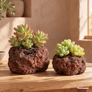 May include: Two succulent plants with light green and pink-tipped leaves are potted in dark, porous, reddish-brown volcanic rock planters. The plants are arranged side-by-side, with the larger one on the left and the smaller one on the right.