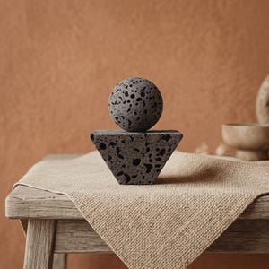 Op de afbeelding: Een donkergrijze, poreuze bol staat op een donkergrijs, driehoekig prisma. De objecten staan op een houten tafel bedekt met een beige, getextureerde doek. De achtergrond is een effen, warme bruine kleur. De objecten lijken decoratief.