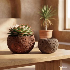 May include: Two spherical, textured, brown planters on a wooden table. One planter holds a green succulent with red edges. A smaller, empty planter sits beside it. A third plant in a terracotta pot is in the background.