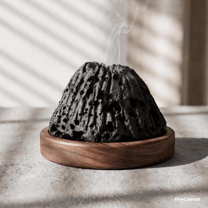 May include: A black, porous, volcano-shaped incense burner with a textured, cratered surface resting on a circular wooden base. Thin wisps of white smoke rise from the top opening. The text FiveCosmos is printed in the bottom right corner.