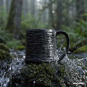 Könnte beinhalten: Ein schwarzer Keramikbecher mit einer strukturierten, rindenartigen Oberfläche und einem geschwungenen Henkel. Der Becher ist inmitten von spritzendem Wasser und grünem Moos platziert. Der Text FiveCosmos ist unten rechts zu sehen.