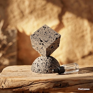 Könnte beinhalten: Eine Skulptur aus dunkelgrauem, porösem Vulkangestein, bestehend aus einem Würfel, der auf einer halbkugelförmigen Basis balanciert. Neben der Skulptur steht eine kleine, durchsichtige Glastropfflasche mit schwarzem Verschluss. Der Text FiveCosmos ist unten rechts aufgedruckt.