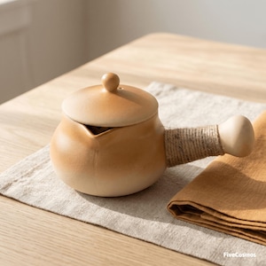 Puede incluir: Una tetera de cerámica de color tostado claro con cuerpo redondeado y tapa a juego. La tetera cuenta con un asa lateral envuelta en cuerda de yute natural, que termina en un pomo liso y redondeado. La superficie tiene un acabado mate.