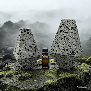 Op de afbeelding: Twee grijze, geometrische, poreuze stenen structuren flankeren een kleine amberkleurige etherische olie fles. De structuren zijn diamantvormig met een textuur. De scène speelt zich af op een rots met mos en een mistige bergachtergrond.