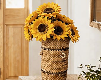 Handwoven Rattan Flower Basket | Boho Dried Flower Holder, Rustic Farmhouse Decor