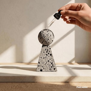 Puede incluir: Una escultura de piedra moteada en gris y negro con una parte superior esférica sobre una base triangular. Un líquido transparente se dispensa desde un gotero de vidrio con tapa negra sobre la esfera. El texto FiveCosmos es visible.