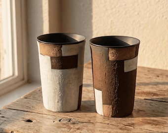 Handmade Geometric Clay Tumblers 500 ml | Wabi Sabi Coffee Cup | Rustic Stoneware Cup | Art Pottery Mug