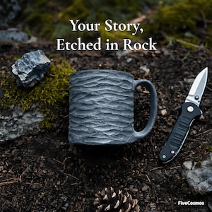 May include: A dark gray ceramic mug with a textured, carved surface resembling layered rock, featuring a handle on the right side. The text "Your Story, Etched in Rock" is printed above the mug, and "FiveCosmos" is printed in the bottom right corner.