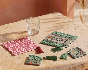 Handmade Brocade Coaster | Ethnic Natural Cotton Drink Mat | Bohemian Tassel Decor | Gift for Her