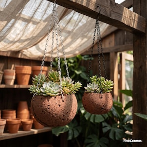 May include: Two round, porous, terracotta-colored hanging planters filled with various green succulents. The larger planter hangs from a silver chain, while the smaller one hangs from a black chain. The text FiveCosmos appears in the bottom right.