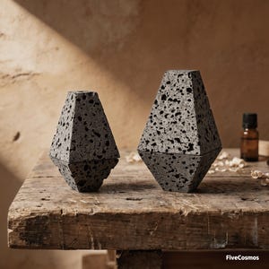 May include: Two geometric containers made of dark gray porous volcanic rock. Each container features a faceted, angular shape with a textured, pitted surface. The objects are composed of two stacked sections that form a symmetrical, diamond-like silhouette.