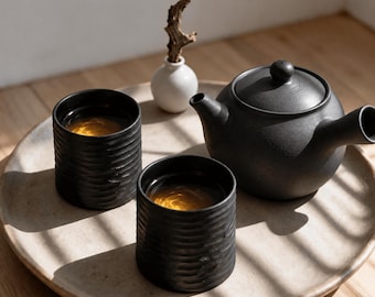 Hand Carved Moraine Stone Tea Cup, Japandi Wabi-Sabi Drinkware, Fall tea ritual
