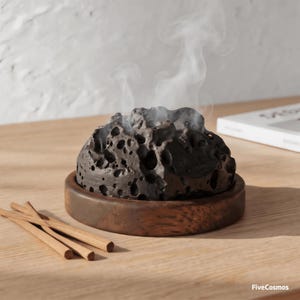 Puede incluir: Un quemador de incienso en forma de cúpula, de color gris oscuro y textura porosa similar a la roca volcánica, sobre una base circular de madera. Penachos de humo blanco se elevan desde la parte superior. Varios palitos de incienso de madera clara yacen cerca.